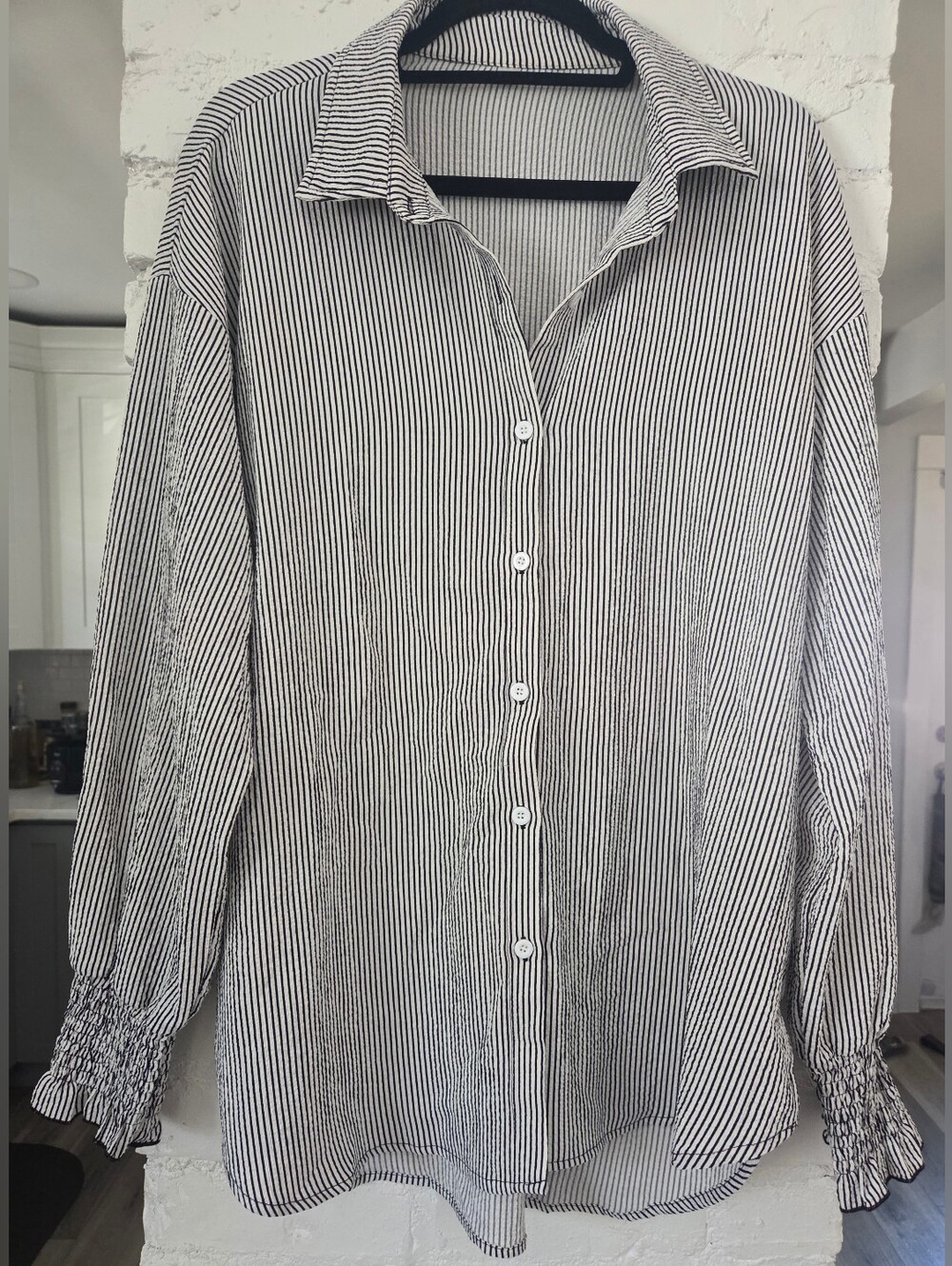 Women's Black and White Striped Oversized Button-Down Shirt With Smocked Cuffs